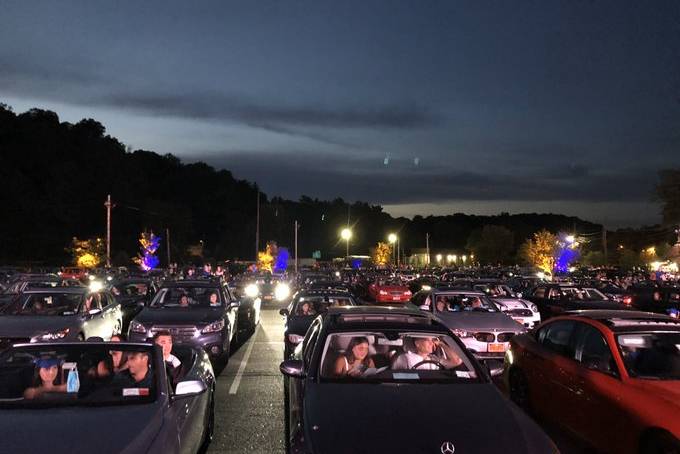 A photo of cars at the Horace Greeley HS drive-in graduation ceremony.